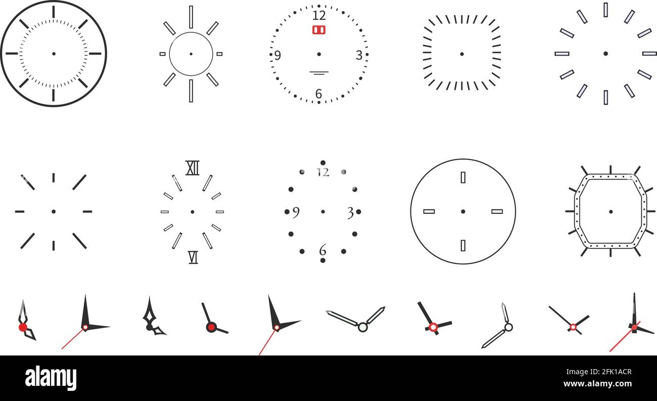 Die Uhr wird angezeigt. Modernes Wanduhrface-Design. Isolierte Zifferblätter mit Nadeln, Zahlen und Pfeilen. Schwarze, minimalistische Vektorsymbole für Zeitmesser Stock Vektor