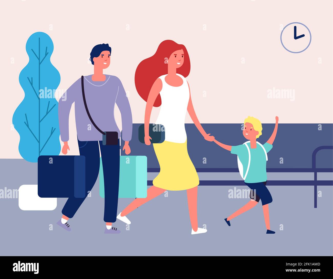 Familienurlaub. Menschen am Flughafen, Busbahnhof. Internationale Terminal Frau Mann und Kind mit Koffern Vektor-Illustration Stock Vektor