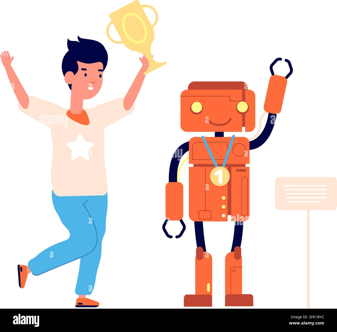 Kind und Roboter. Schüler Roboter-Wettbewerb, Schule Programmierung Projekt. Kids Award, junge Ingenieur machen elektronische Spielzeug Vektor Illustration Stock Vektor