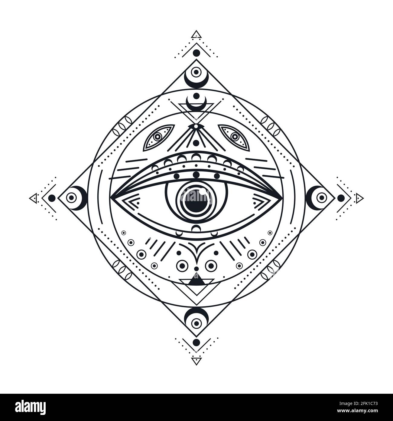Alle sehen Auge. Schwarzes Illuminati-Symbol, Vorsehung geäugtes Emblem. Isoliertes Vintage Schutz okkultes Tattoo. Esoterische Vektorgrafik Stock Vektor