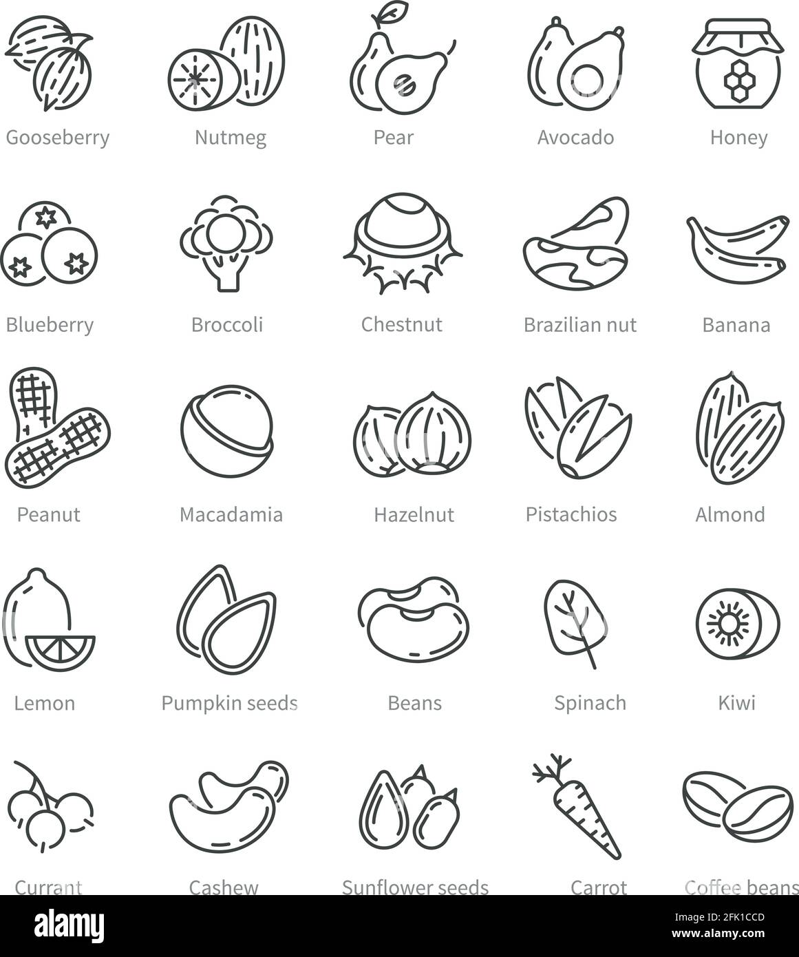 Symbole für Superfood. Beeren Nüsse Bohnen Zutaten. Ernährung und Entgiftung von gesunden Früchten. Bio-Ergänzungsmittel zur Auswahl, vegane Vektorlinien-Symbole Stock Vektor