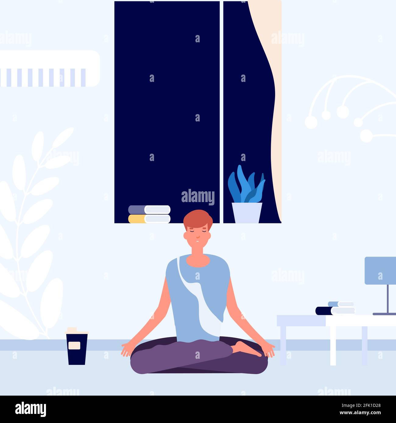 Meditation vor dem Schlafgehen. Abendruhe, Gehirn neu laden. Der Mensch sitzt in Lotusposition mit geschlossenen Augen in der Vektorgrafik des Wohnzimmers Stock Vektor