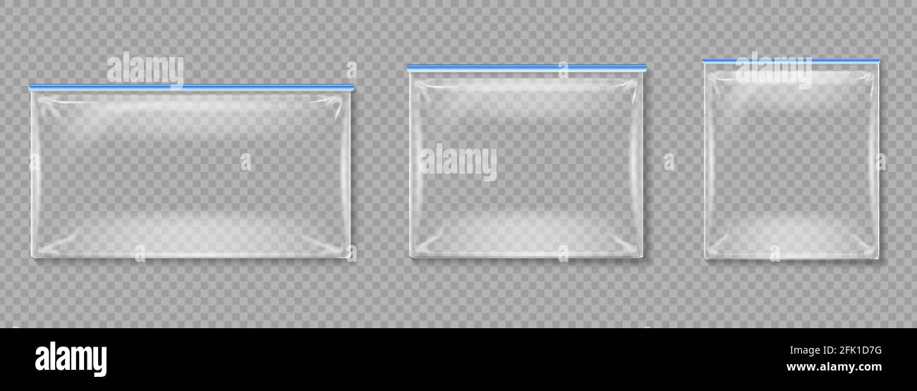 Kunststoffbeutel. Isolierte transparente leere Ordner mit Reißverschlüssen. Vektormockup mit Polyethylen-Paket Stock Vektor
