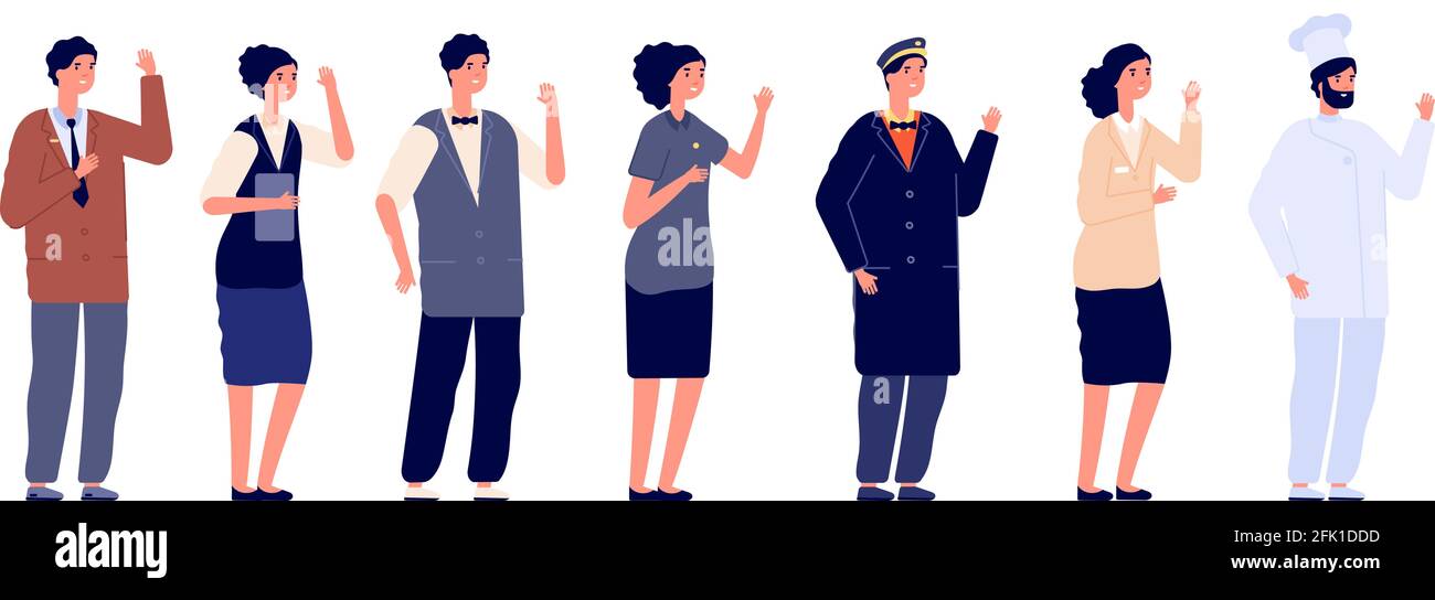 Hotelpersonal. Hospitality-Mitarbeiter, Jobteam trägt Uniform. Isolierte Arbeitergruppe, flacher Portier, Manager-Koch. Vektor-Set für Service-Mitarbeiter Stock Vektor