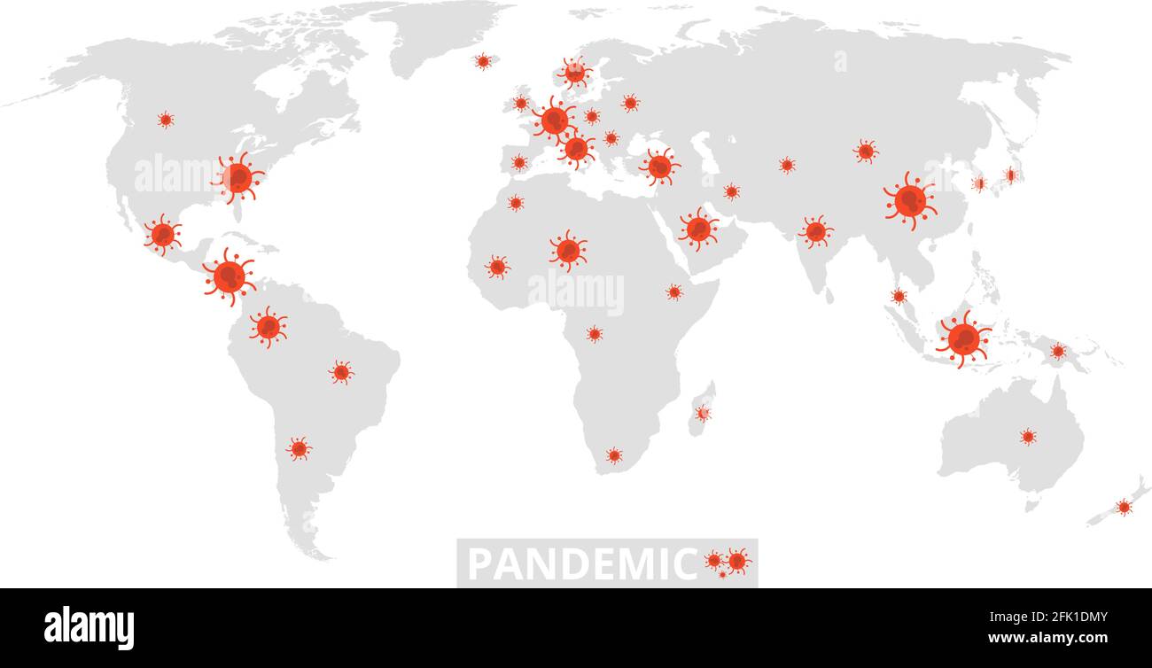 Globale Pandemie. World Map Virus Epidemien. Informationsbanner mit Coronavirus covid 19 verbreitet. Infektion in verschiedenen Ländern, Grippe-Krankheit oder Stock Vektor