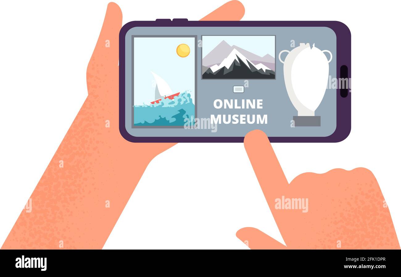 Online-Museum. Hände halten Smartphone mit Rundgang durch die Ausstellung von Gemälden im Internet. Kostenlose Kunstgalerie App oder Guide Vektor Illustration Stock Vektor