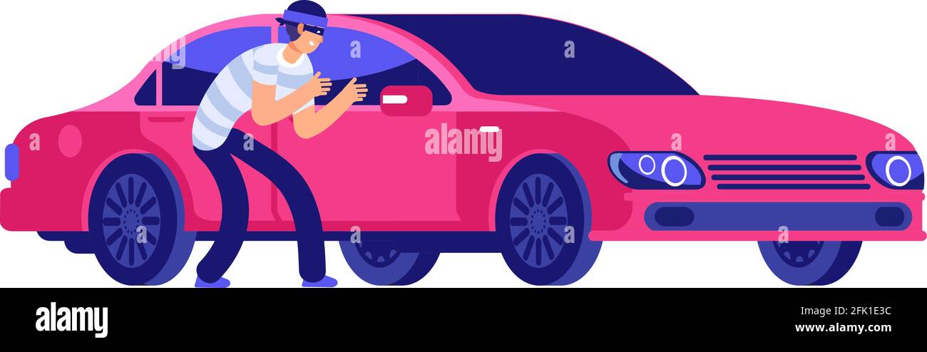 Autodiebstahl. Dieb kommt dem Auto nahe. Kfz-Versicherung, Versicherungsfall. Schlechte Sicherheit Auto Vektor-Illustration Stock Vektor