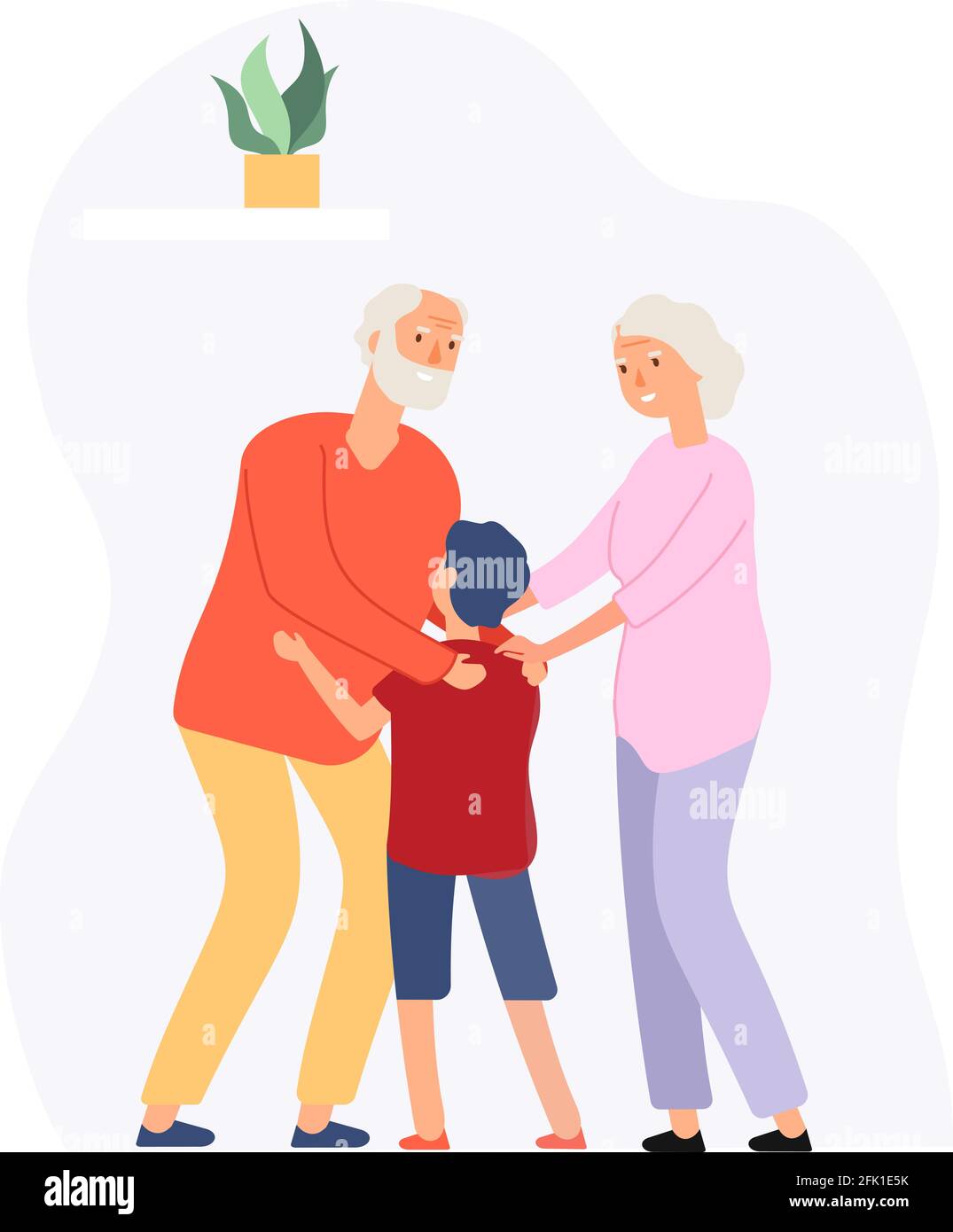 Zeit mit der Familie. Großeltern und Enkel. Glückliches älteres Paar umarmen Jungen. Alte Leute treffen junge Kerl Vektor-Illustration Stock Vektor