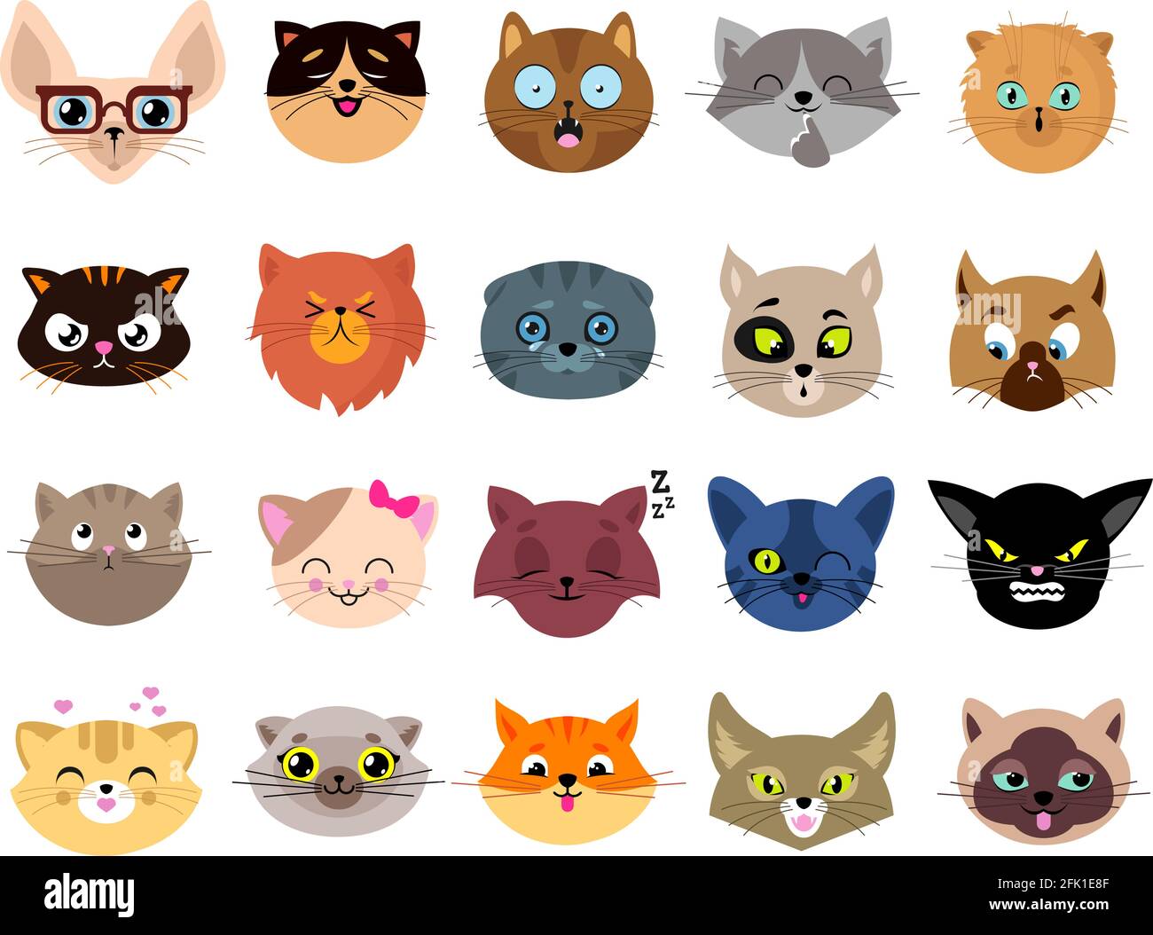 Katzen Avatare. Flache Katzengesichter. Isolierte Kätzchen mit Augen. Tiere lustige Emoji-Charaktere, Emoticon-Aufkleber. Doodle flauschig niedlichen Haustier Cliparts Stock Vektor