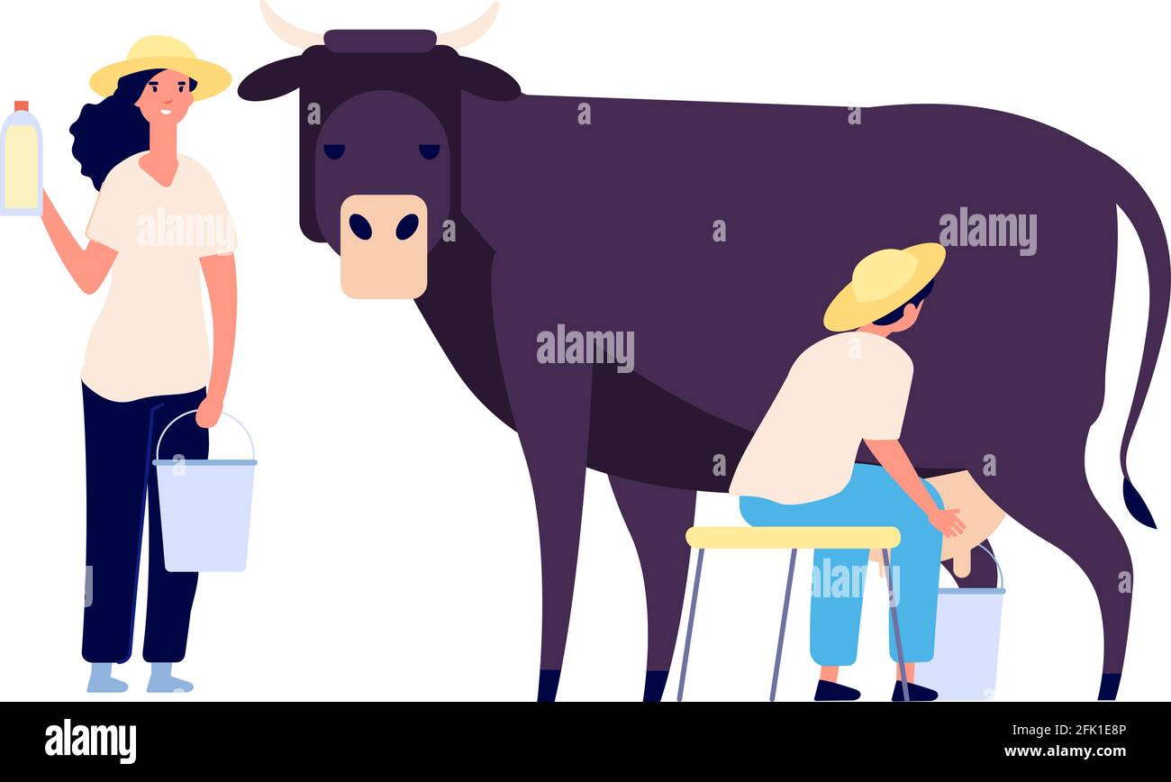 Milk Farm-Figuren. Flache Kuh, Frau mit Flasche. Frische Bio-Produkte, roh für den Markt. Isolierte landwirtschaftliche Menschen arbeiten Vektor-Illustration Stock Vektor