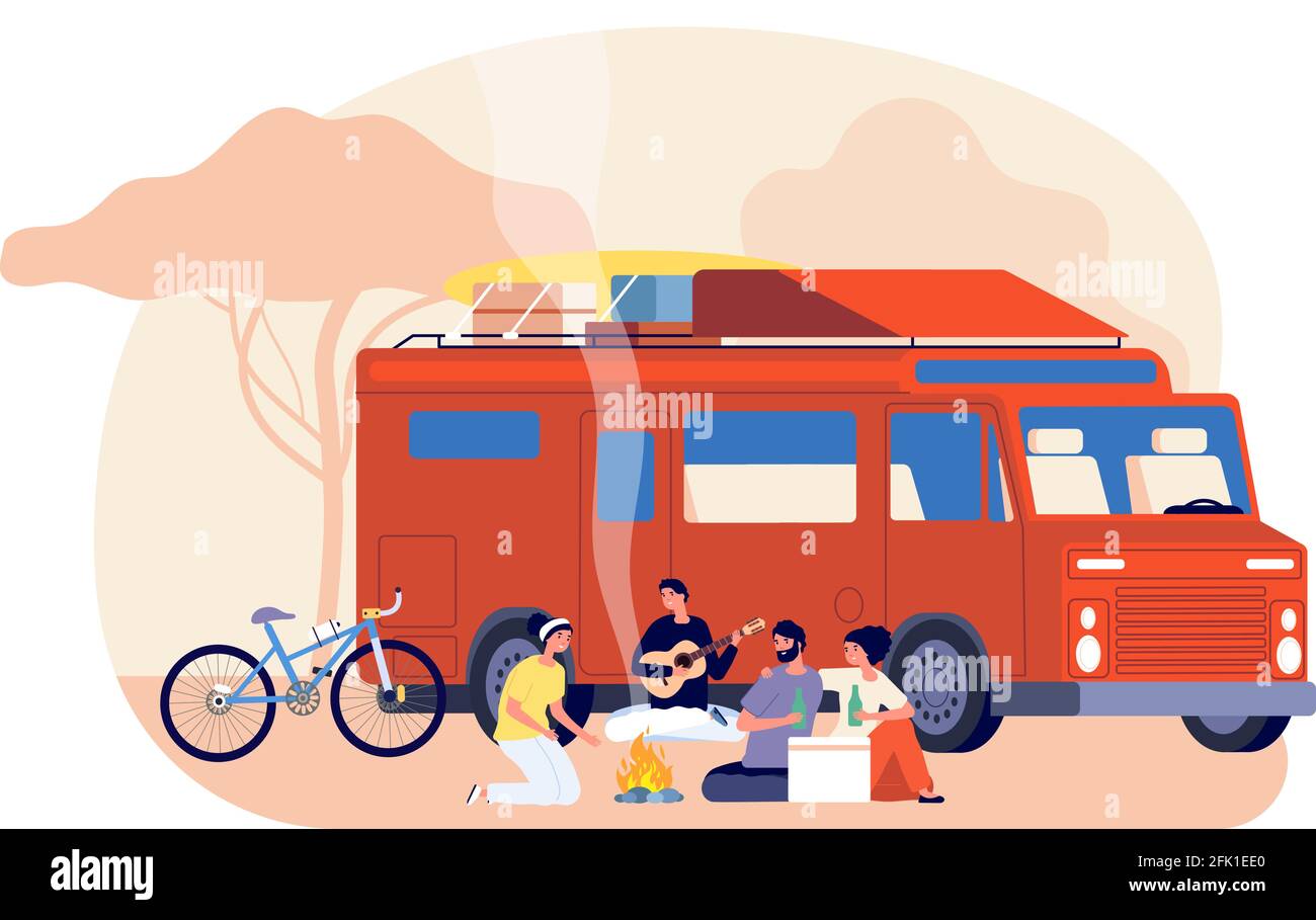 Fahren Sie mit dem Auto. Freunde Reise, Natur bleiben. Junge Menschen, die im Auto unterwegs sind. Touristen mit Rucksack sitzen in der Nähe von Feuer Vektor-Illustration Stock Vektor
