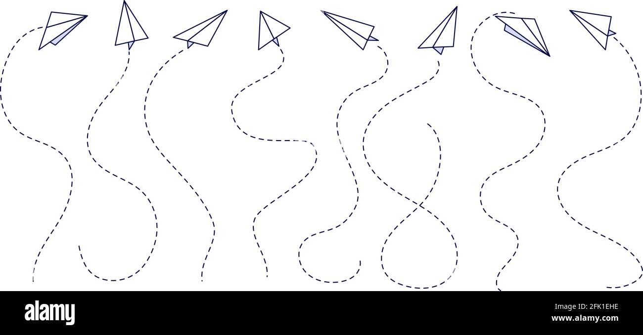 Papierflugzeug. Grafische Flugrouten, Flugwege. Isolierte Flugstrecken für die Doodle-Luftfahrt. Kreative Flugzeug fliegen Reise Vektor Illustration Stock Vektor