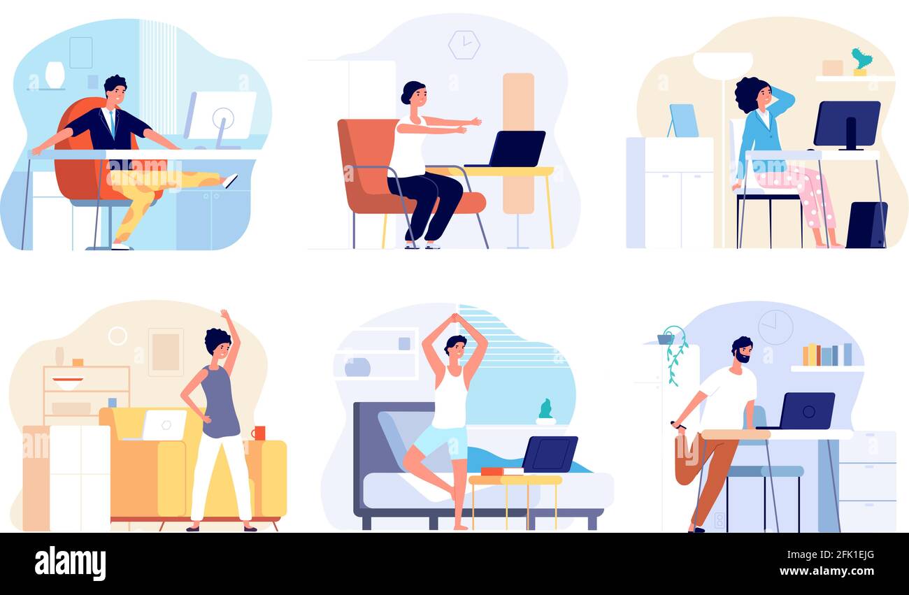 Office-Syndrom. Stretching-Übung, Nacken-Rücken-Schulter-Stretch. Sitzende Arbeit von zu Hause, Fitness-Training für Freiberufler Vektor-Illustration Stock Vektor