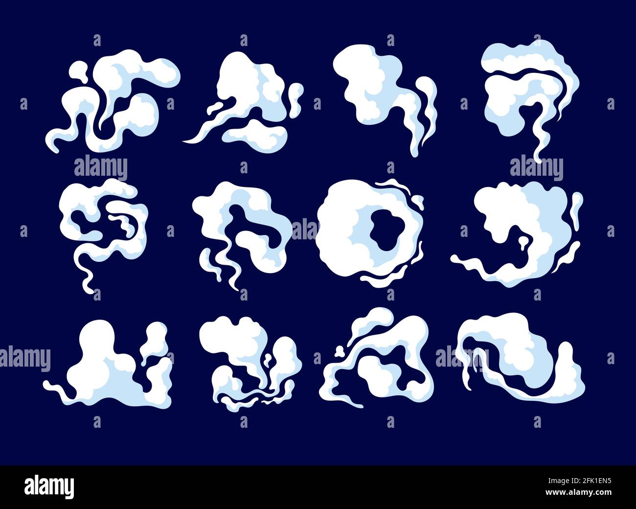 Cartoon-Rauch. Staubwolken Formen, Autonebel. Raucher- oder Geruchselemente, White-Puff-Trail oder Bombe-Explosion-Effekt-Vektordarstellung Stock Vektor