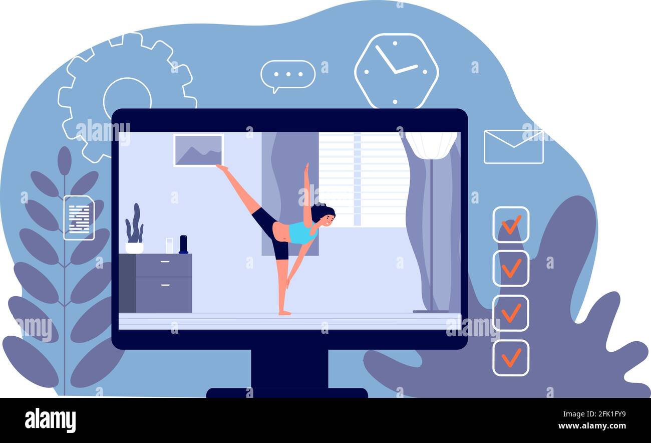 Yoga online. Videotraining, Heimsport. Mädchen auf dem Bildschirm macht Übungen und Stretching. Vektordarstellung „Aktivitäten am Wochenende der Isolation“ Stock Vektor