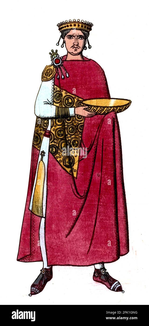 Justinian I. Porträt des byzantinischen Kaiser, Justinian der große (Flavius Petrus Sabbatius Iustinianus, 482-565), 19. Jahrhundert Zeichnung aus einem Mosaik c.. 540, handkolorierte Gravur. Stockfoto