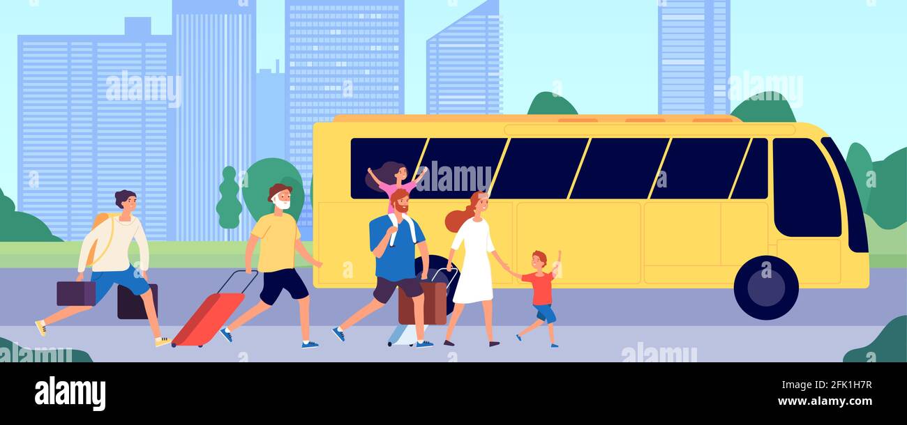 Die Leute fahren mit dem Bus. Öffentliche Verkehrsmittel Station, Menschenmenge läuft mit Koffern. Touristen Gruppe Transport, Reise-Service-Vektor-Illustration Stock Vektor