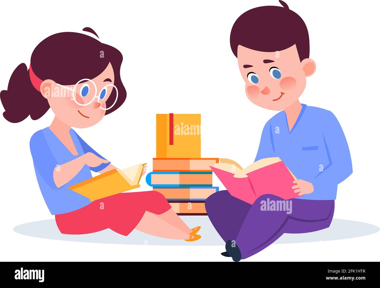 Kinder lesen Bücher. Cartoon junge Mädchen mit Buch, Kinder in der Bibliothek oder Unterricht. Selbstbildung, Bruder und Schwester lernen neue Vektor-Illustration Stock Vektor