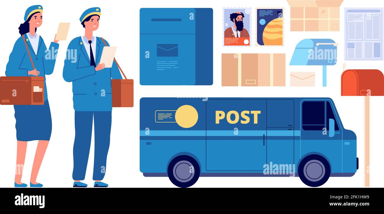 Postman-Zeichen. Postmailman, Frau Mann in Uniform senden Briefumschläge. Postausrüstungen Paketbrief, Lieferservice Vektor-Set Stock Vektor
