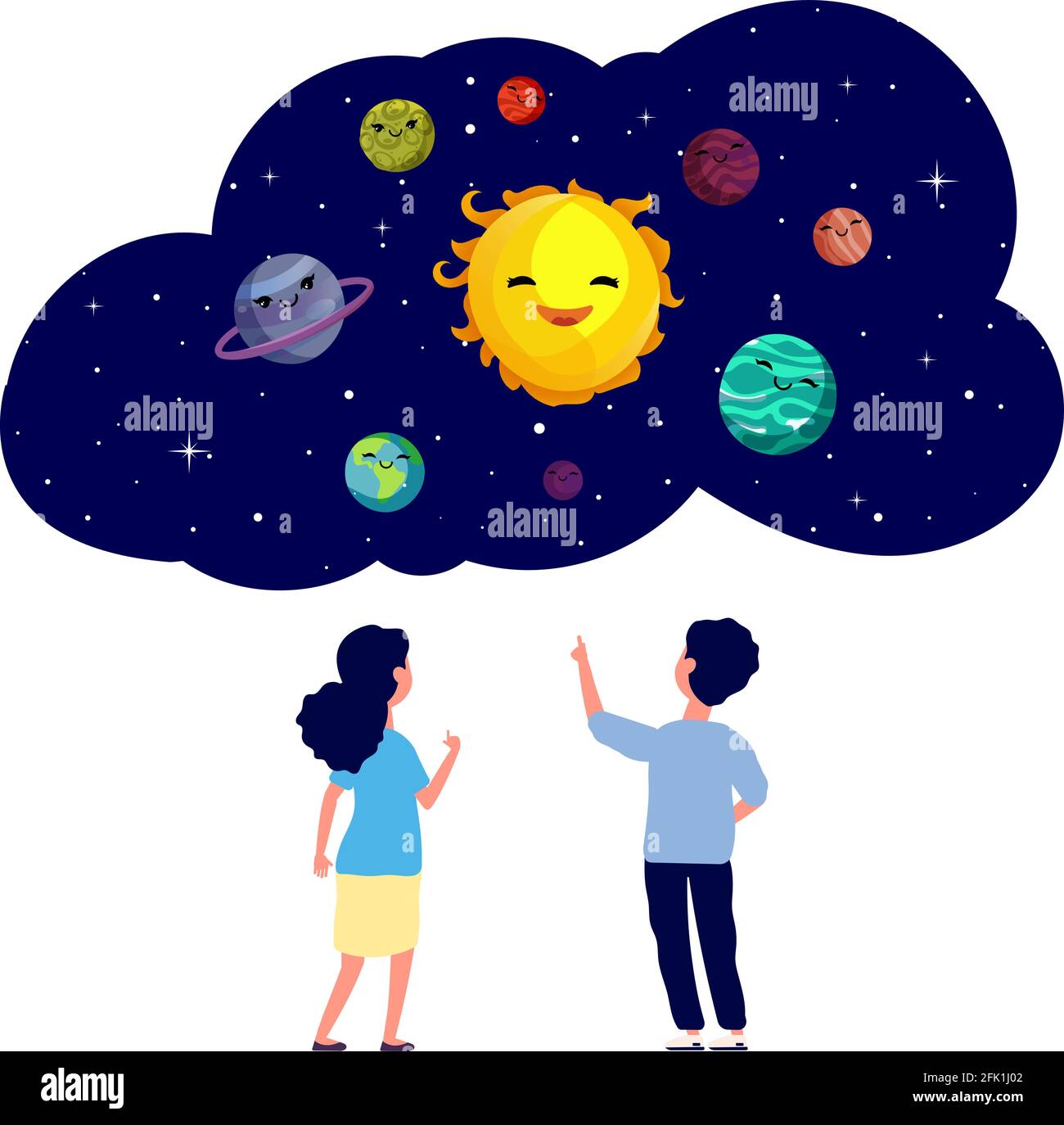Kinder erforschen Planeten. Astronomie-Unterricht, Kinder am Observatorium. Cartoon-Universum und niedlichen Planeten des Sonnensystems Vektor-Illustration Stock Vektor