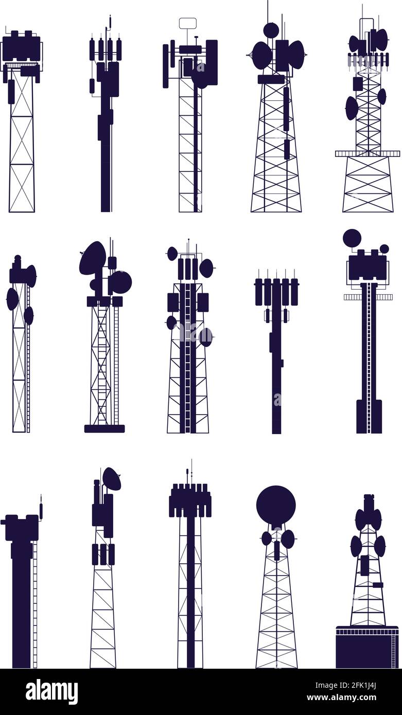 Silhouetten des Antennenturms. Isolierte Kommunikationsgeräte, Medienfunk-Telekommunikationskonstruktionen. Vektor-Set für Netzwerktechnologie Stock Vektor