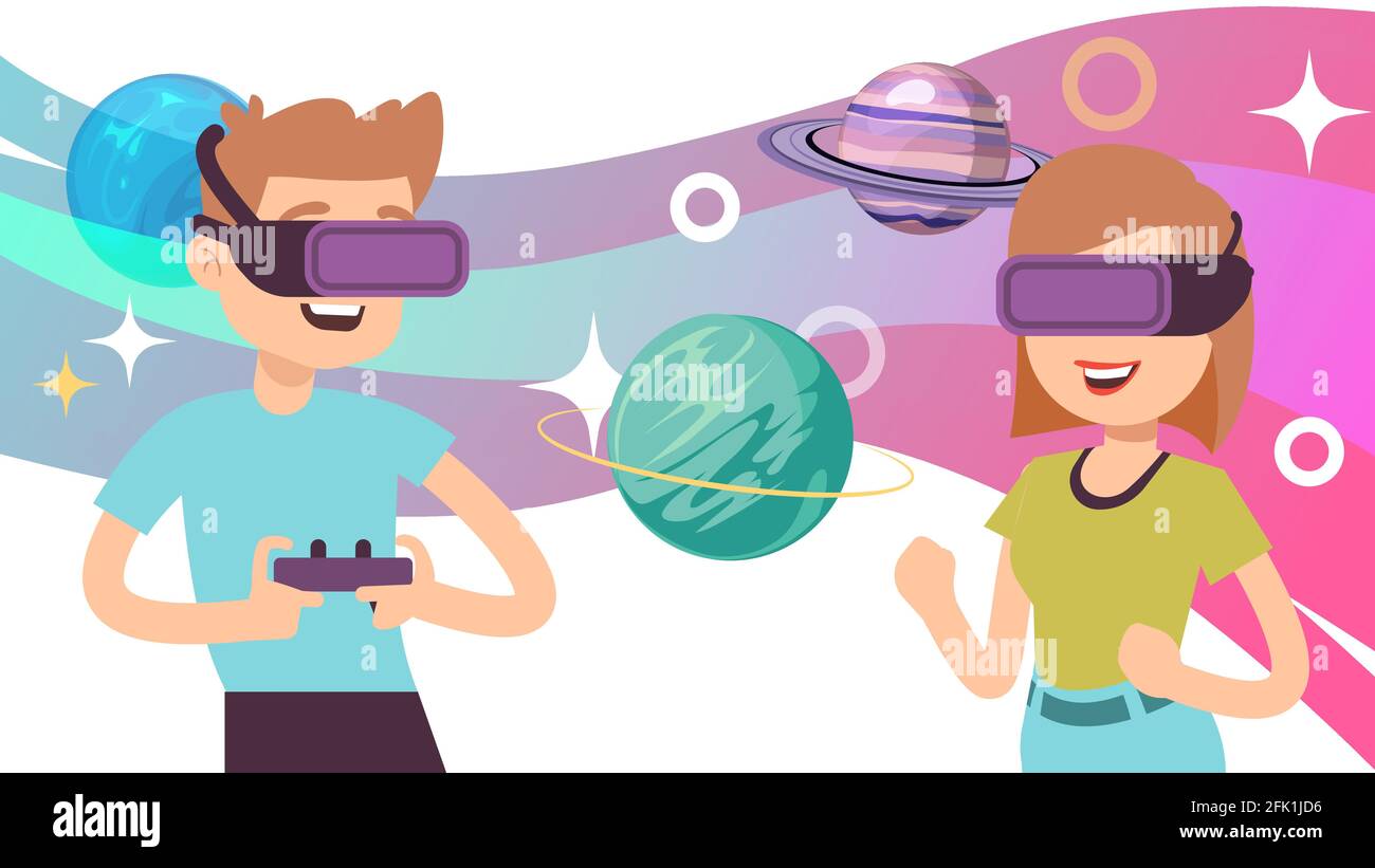 Virtuelle Raumfahrt. Mann Frau trägt VR-Brille, Augmented Reality-Spiel. Glückliche Erwachsene studieren Planeten des Sonnensystems, digitale Universum Vektor Stock Vektor