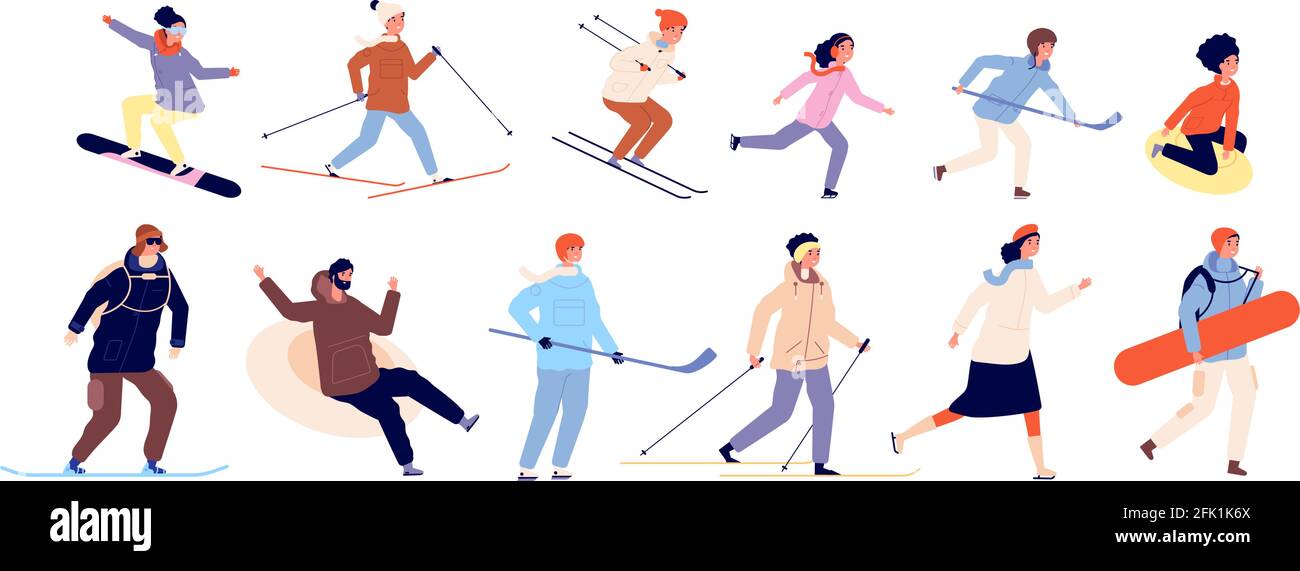 Winteraktivitäten mit Kindern. Sportpaare, weihnachtsfeiertage. Isolierte Skating Ski Snowboard und Hockey Figuren Vektor-Illustration Stock Vektor
