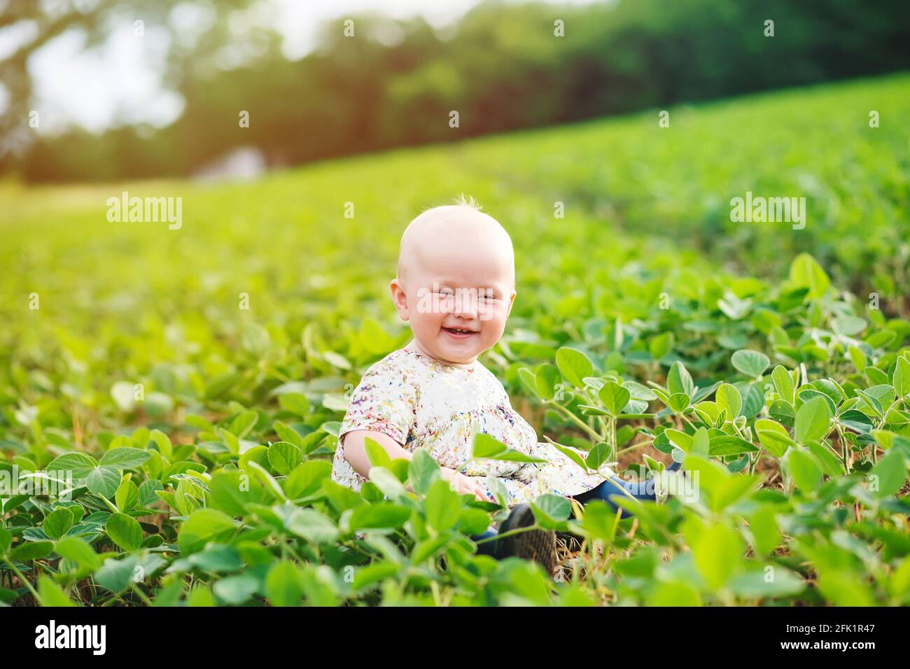 Kleines Kind lacht unter jungen Sojabohnensprossen sitzen. Umwelt Erdtag, nachhaltige Umwelt, Pflanze Glycin max, Sojabohne, Sojabohnensprossen g Stockfoto