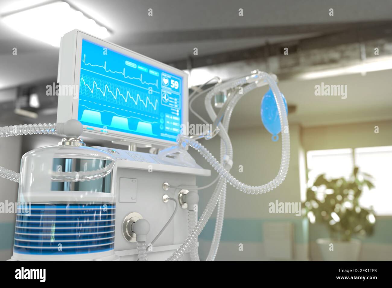 ICU künstlicher Lungenventilator mit fiktivem Design in moderner Klinik mit Bokeh - STOP Coronavirus Konzept, medizinische 3D-Illustration Stockfoto