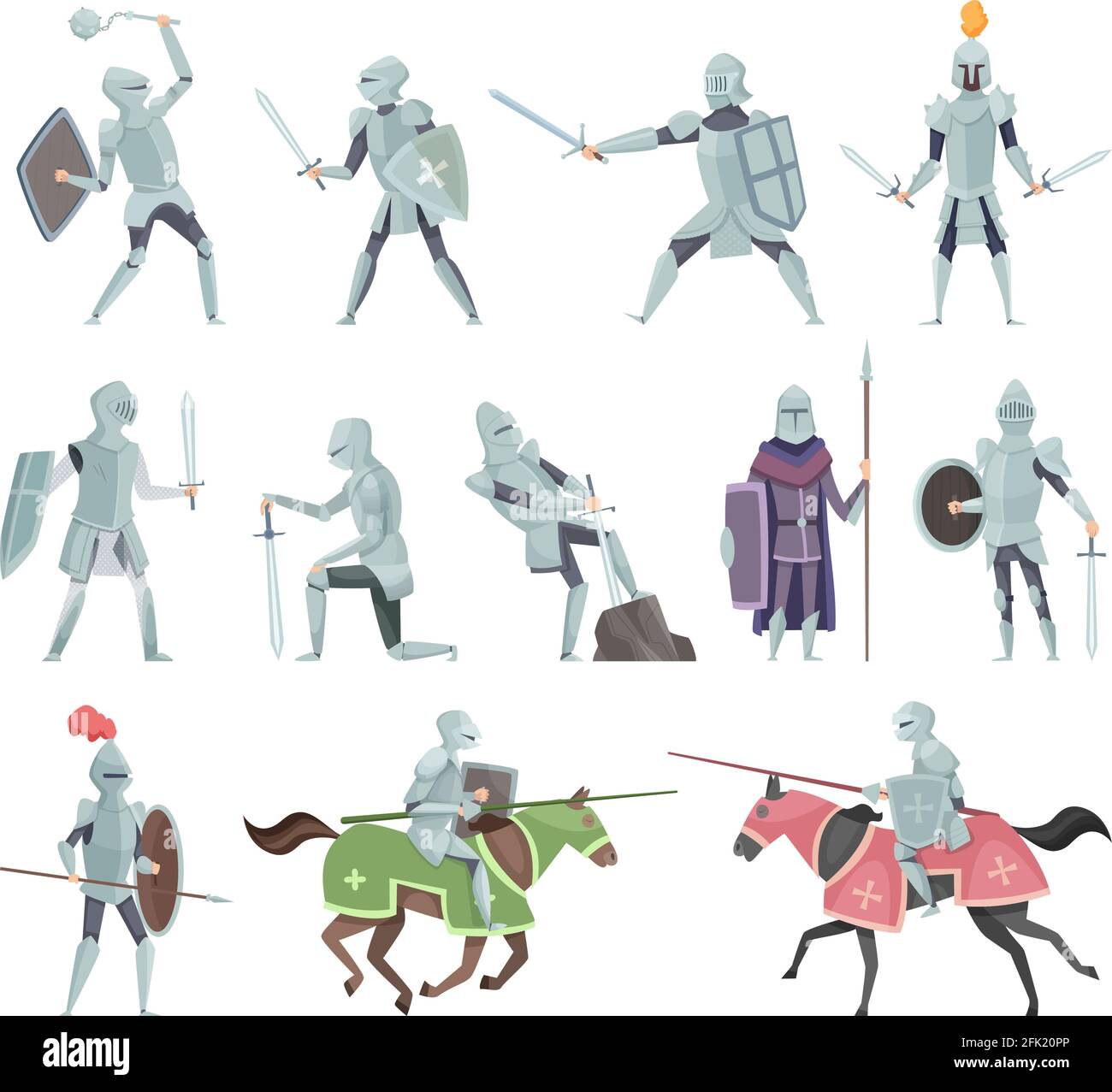 Ritter. Mittelalterliche Schlacht Rüstung Charaktere Kreuzritter historische Schlacht Maskottchen Vektor Cartoon Stock Vektor