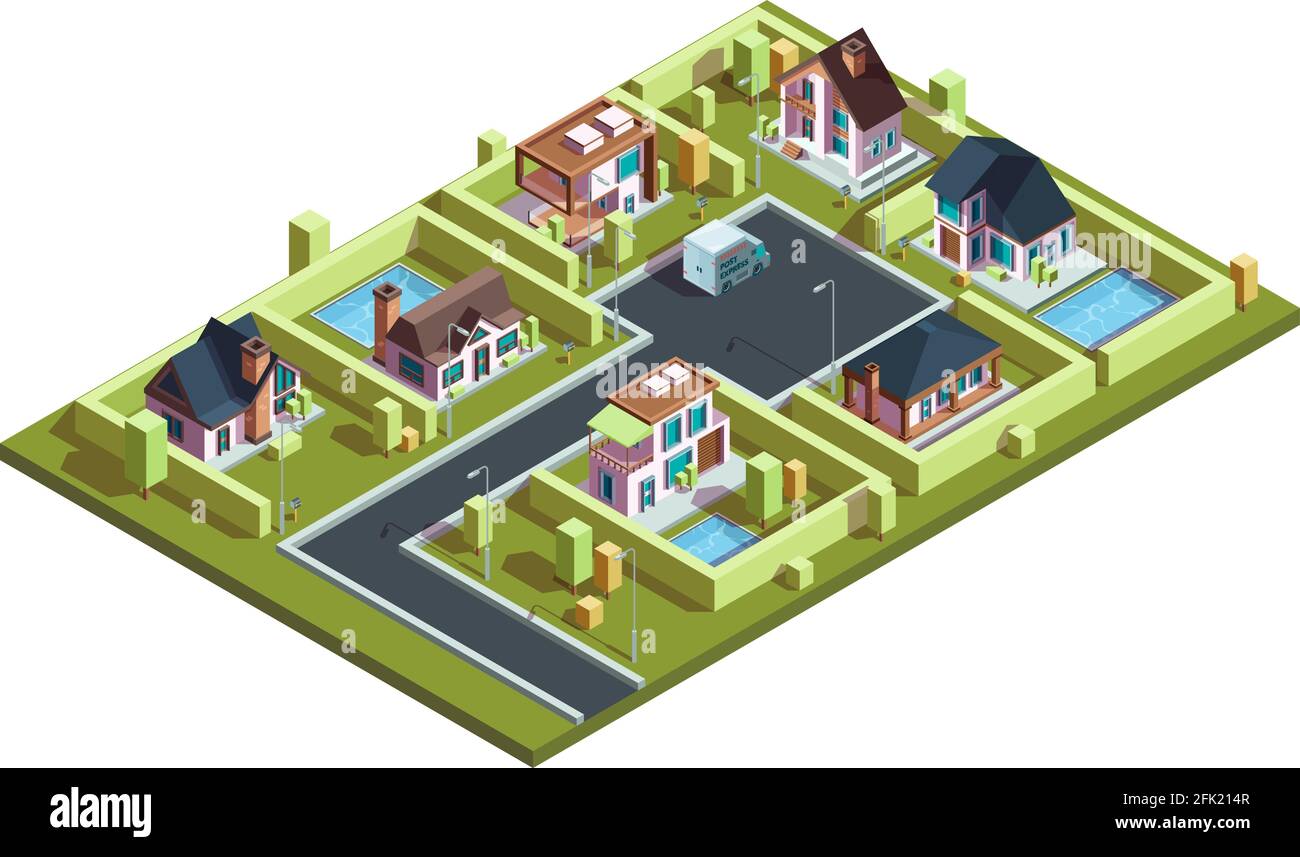 Cottage Village isometrisch. Vorstädtische moderne Wohnhäuser Stadthäuser in Kleinstadt mit Infrastruktur Vektor isometrische Karte Stock Vektor