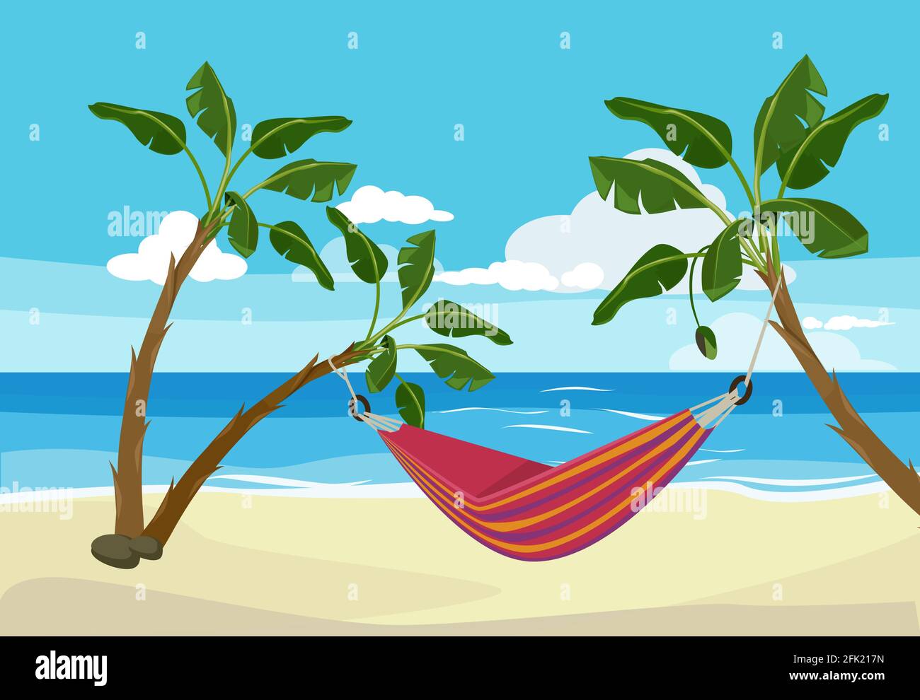 Hängemattenstrand. Tropischer Hintergrund Rest Platz zwischen Palmen im Freien exotischen Sonnenuntergang Vektor Cartoon Stock Vektor