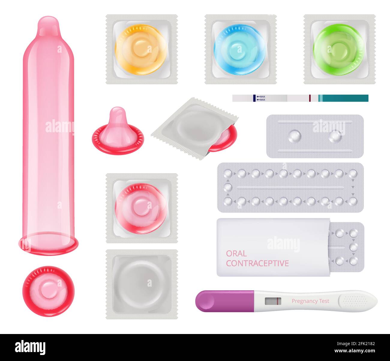 Verhütungsmittel. Kondome weibliche Schwangerschaft Test Eisprung Kalender Pillen Verhütungsmethoden Vektor realistische Bilder Stock Vektor