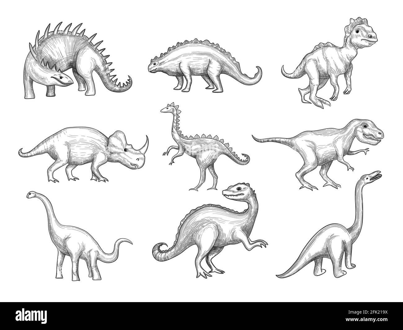 Dinosaurier Kollektion. Aussterben wild pflanzenfressende wütende Tiere in der Paläontologie Alter Vektor Skizze gezeichnete Bilder Stock Vektor