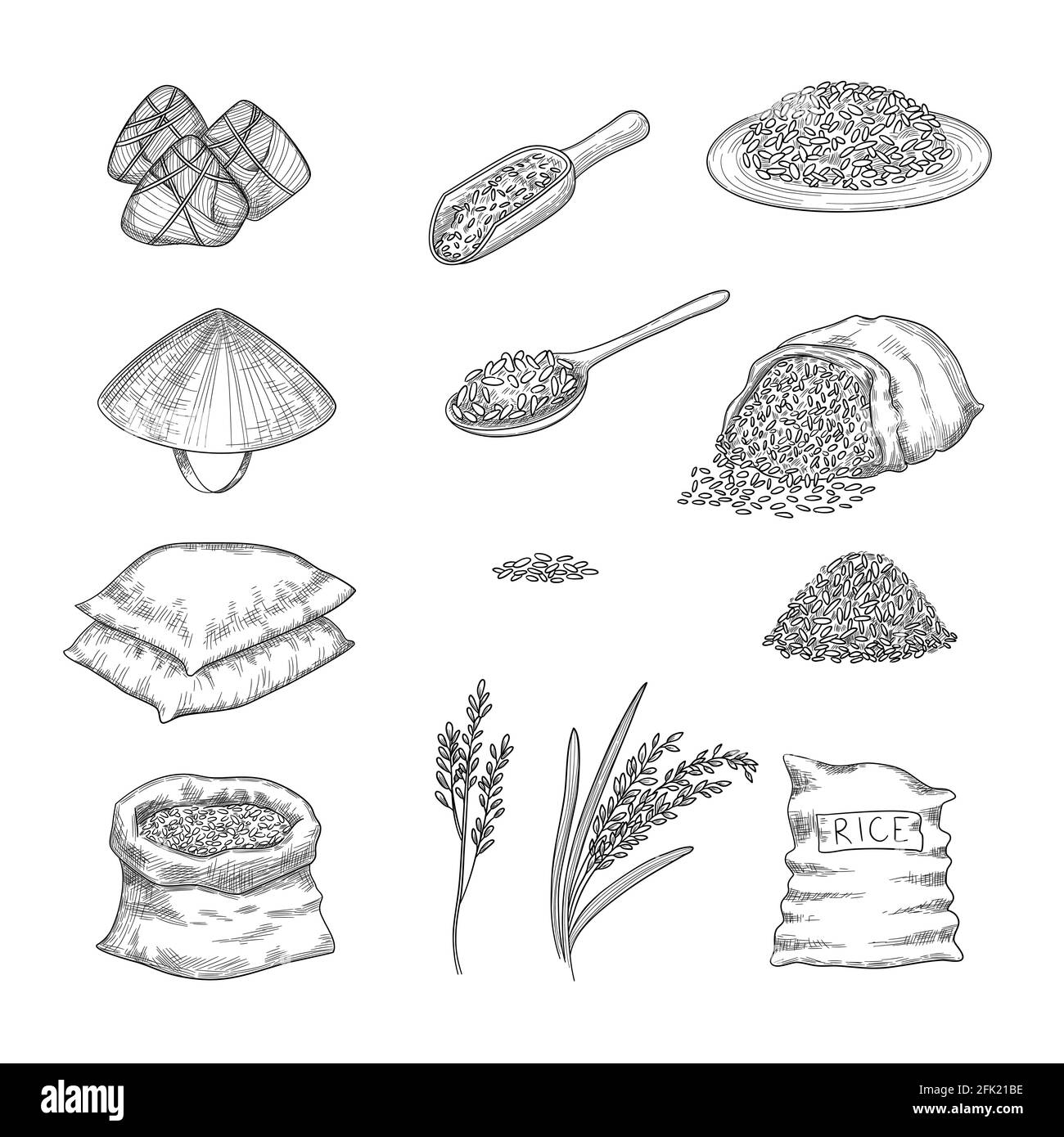 Doodle-Reis. Landwirtschaftliche Natur Sammlung von Reissäcken Körner Vektor handgezeichneten Satz Stock Vektor