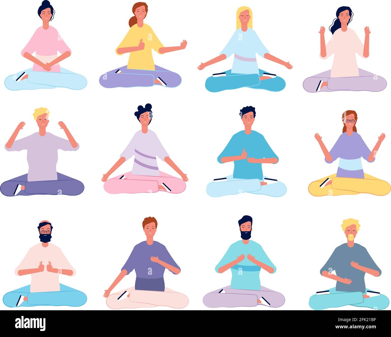 Meditationsfiguren. Männliche und weibliche Person Yoga-Posen sitzen in Pilates Klasse Vektor flache Personen Stock Vektor