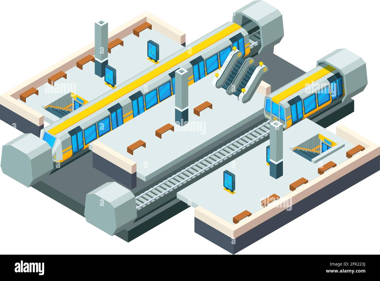 U-Bahn-Station City. Städtischer U-Bahn-Tunnel mit Eisenbahn-Zug Vektor isometrischen Low-Poly-Station Hintergrund Stock Vektor