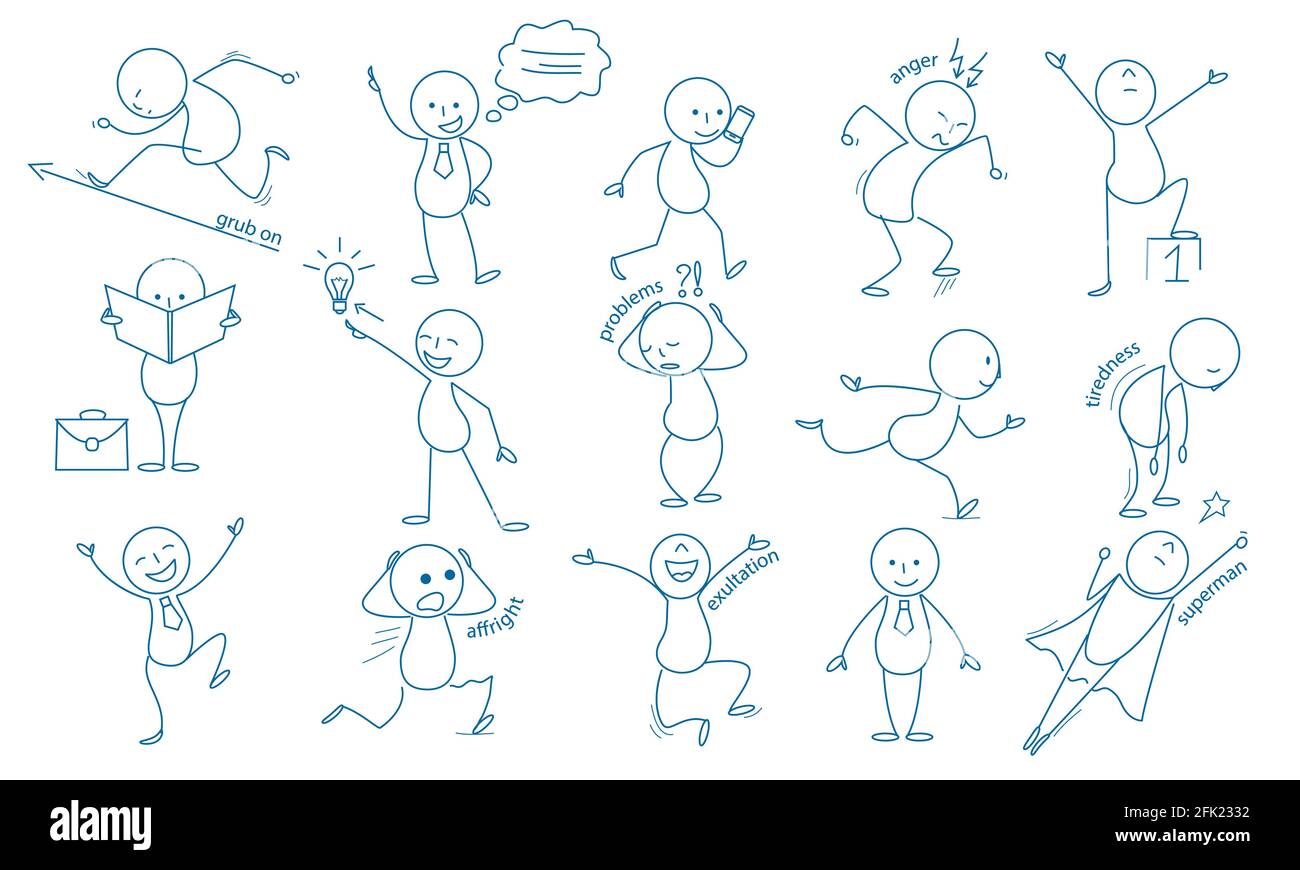 Geschäftstickman. Handgezeichnete Zeichen Menschen Figuren Ausdrücke springen laufen halten Zeigevektor Business-Set Stock Vektor