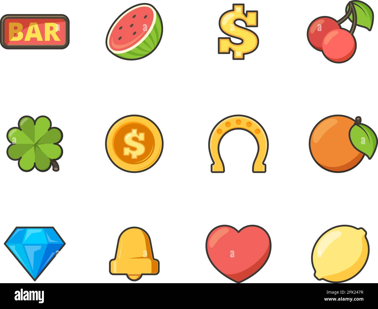 Symbol für Spielautomaten. Casino Symbole Kirsche Bananen Münzen Herz Diamant farbige Glücksspiel flache Vektor-Sammlung Stock Vektor