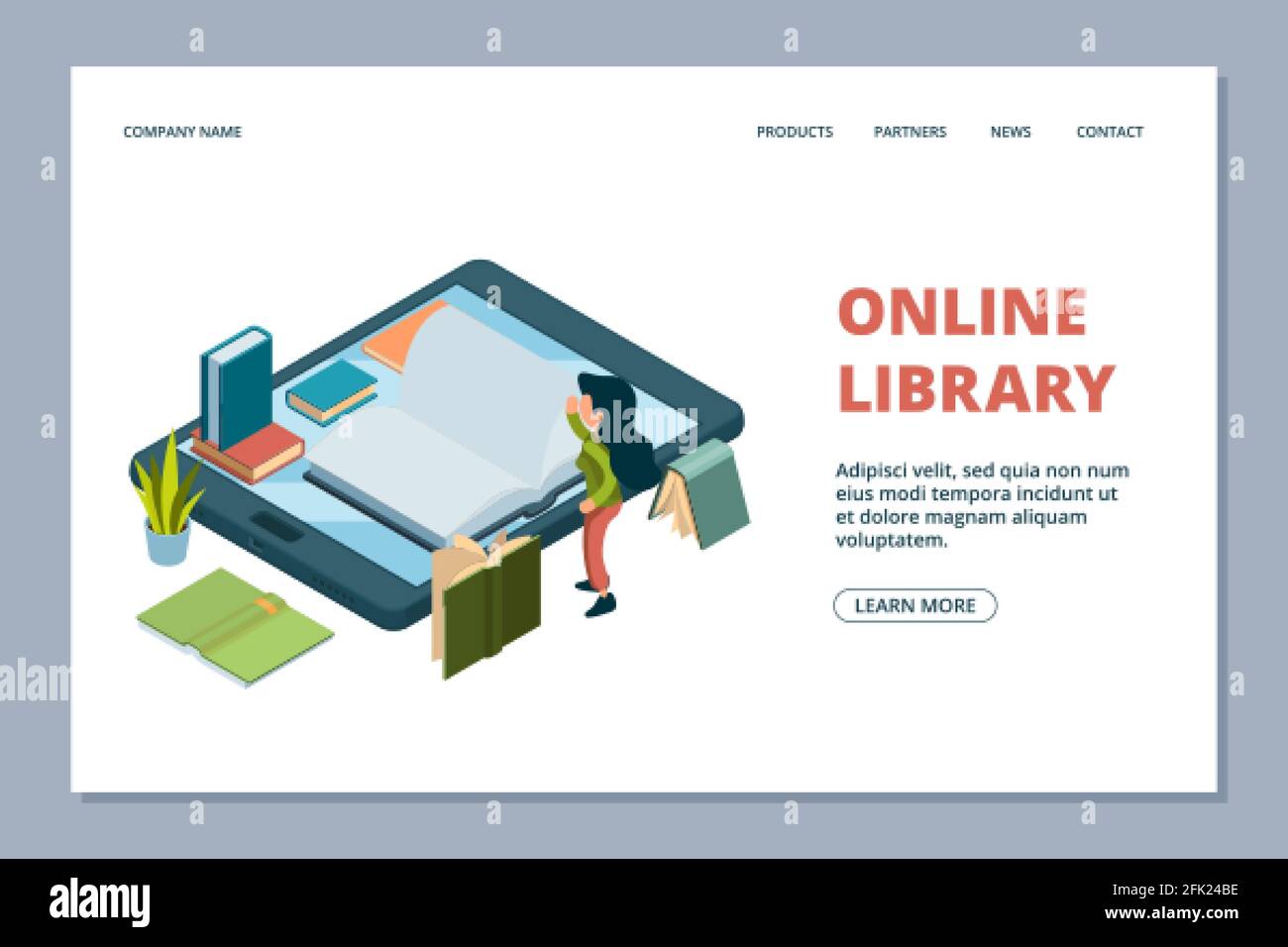 Zielseite für Online-Bibliotheken. Isometrische Bücher und lesen Mädchen Vektor Illustration. Bibliothek auf dem Smartphone Stock Vektor