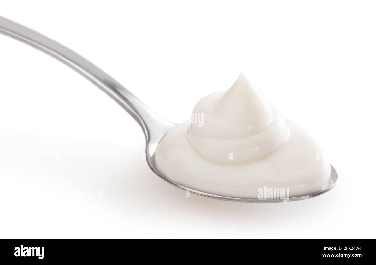 Löffel Mayonnaise isoliert auf weißem Hintergrund mit Schneideweg Stockfoto