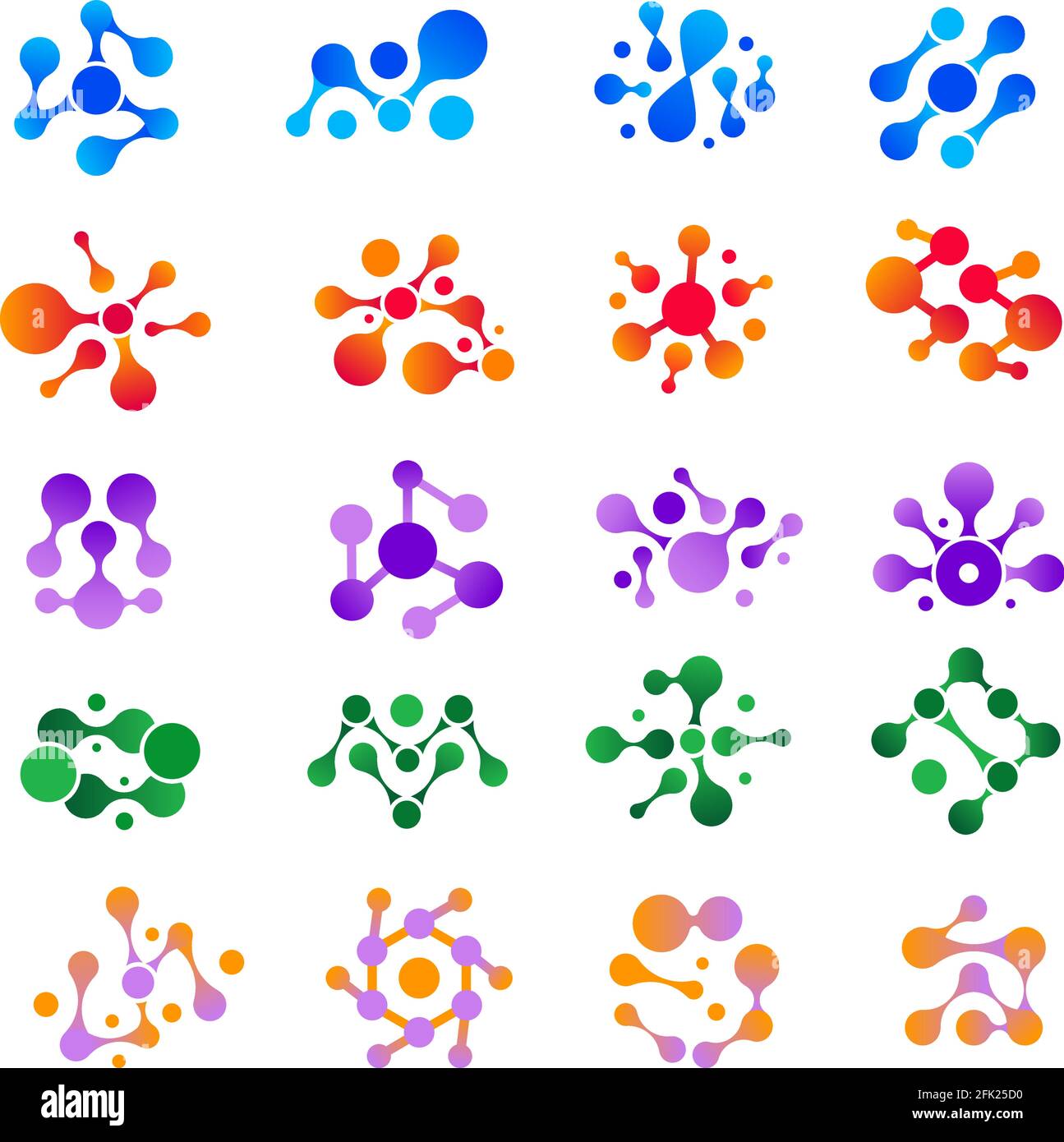 Molekulare Explosion. Runde Formen Wassertinte Tropfen wissenschaftliche Logo medizinische genetische Biologie Modelle Vektor-Set Stock Vektor