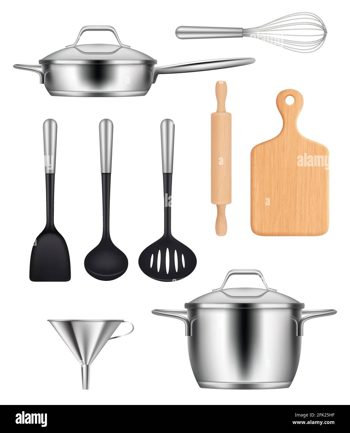 Küchenutensilien. Pfannen Stahl Topf Grills Messer Gegenstände zum Kochen Lebensmittel Vektor realistische Bilder set Stock Vektor