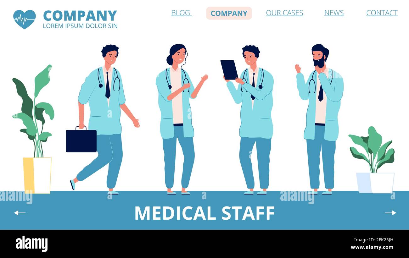 Zielseite des Krankenhauses. Vektorzeichen des medizinischen Personals. Verschiedene Ärzte und Gesundheitsarbeiter Web-Banner-Vorlage Stock Vektor