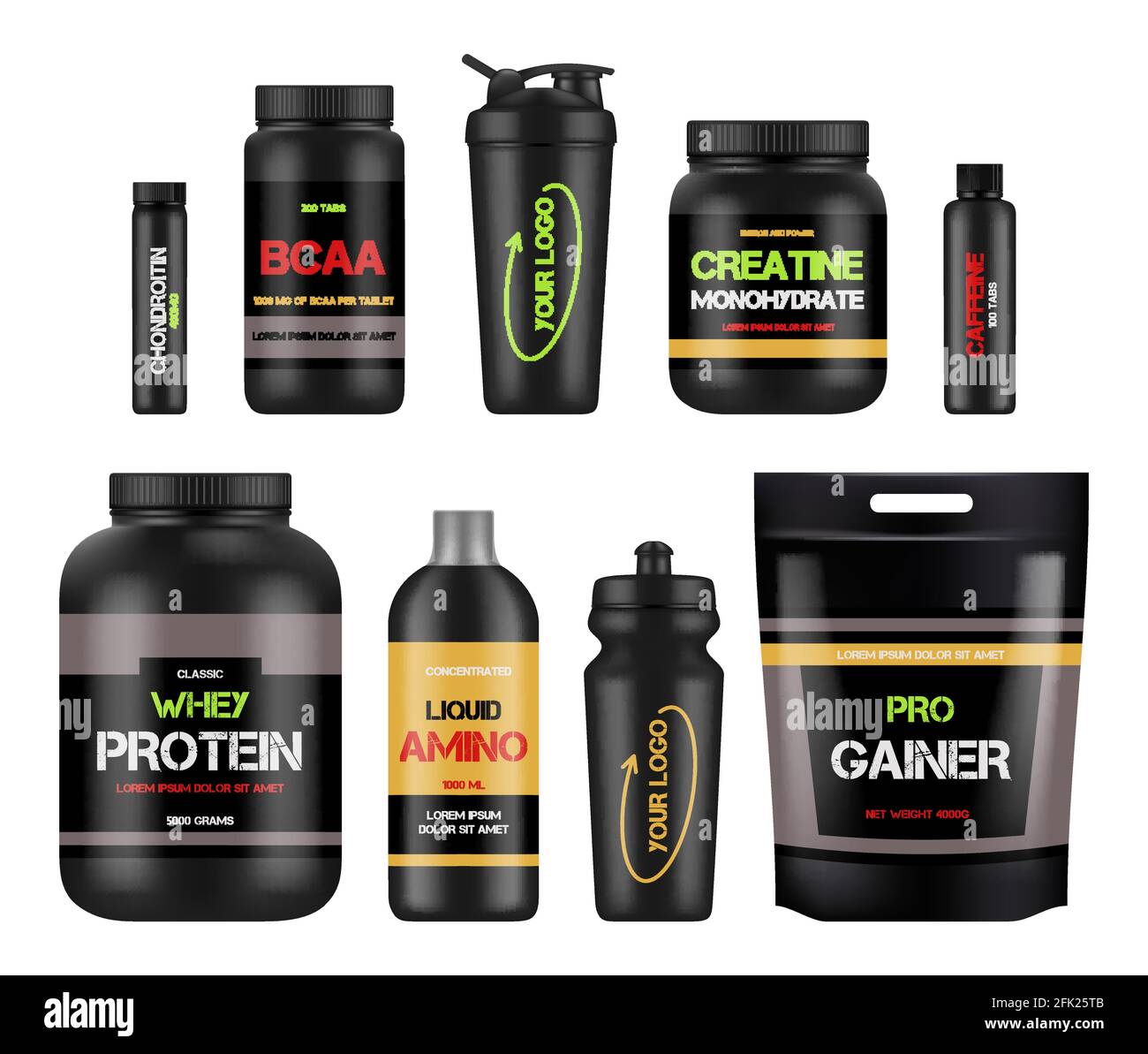 Sportnahrung Etiketten. Protein und Amino bcaa Fitness-Vitamin-Design-Pakete für gesunde leistungsstarke Produkte Vektor Stock Vektor