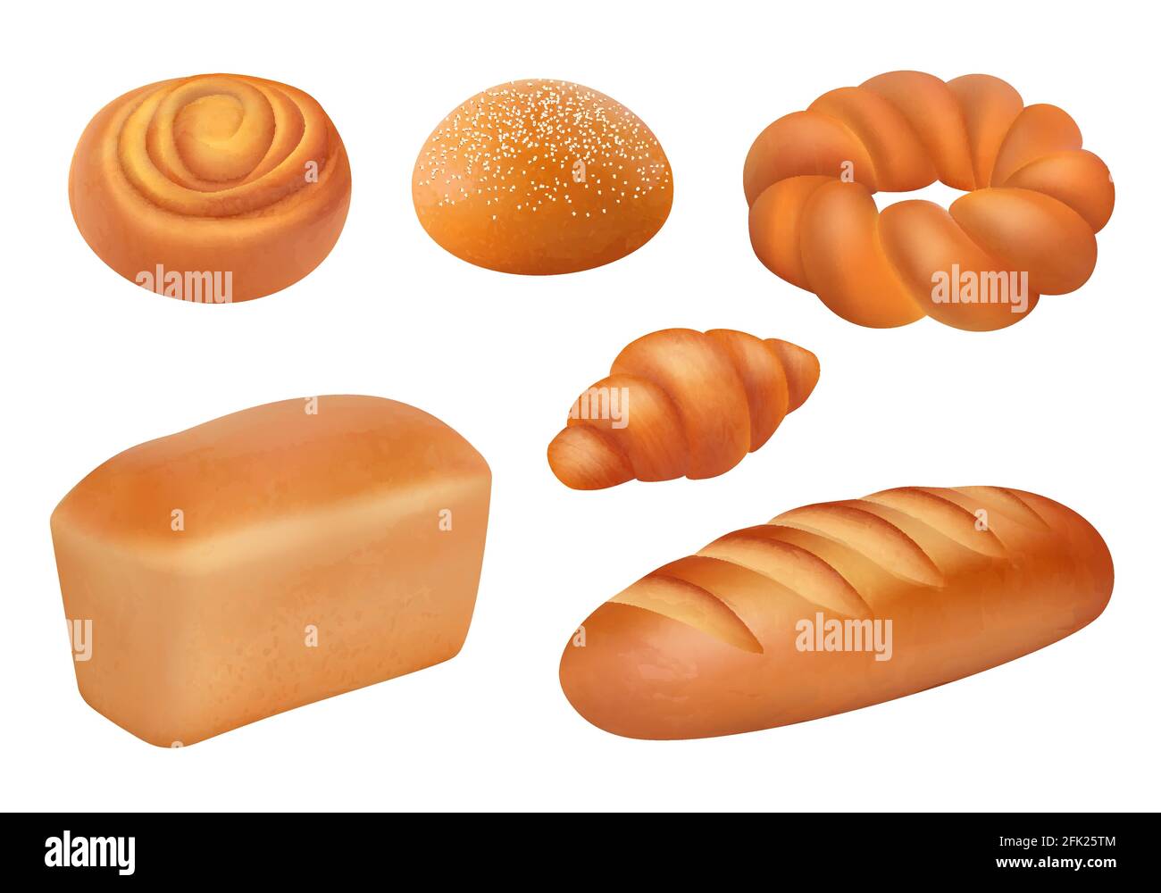 Brot realistisch. Backwaren frisch schmeckende Produkte französisch Laib Baguette Buns Vektor Frühstück Bild Stock Vektor