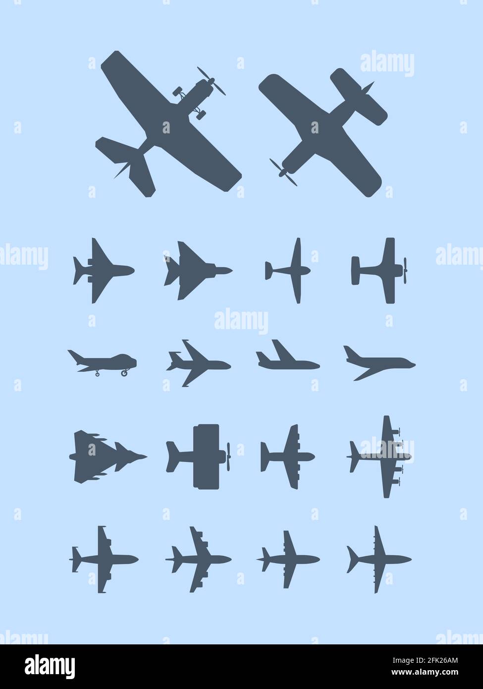 Silhouetten von Flugzeugen. Flugzeug für Reisende Jet Transport Vektor Luftfahrt Symbole Stock Vektor