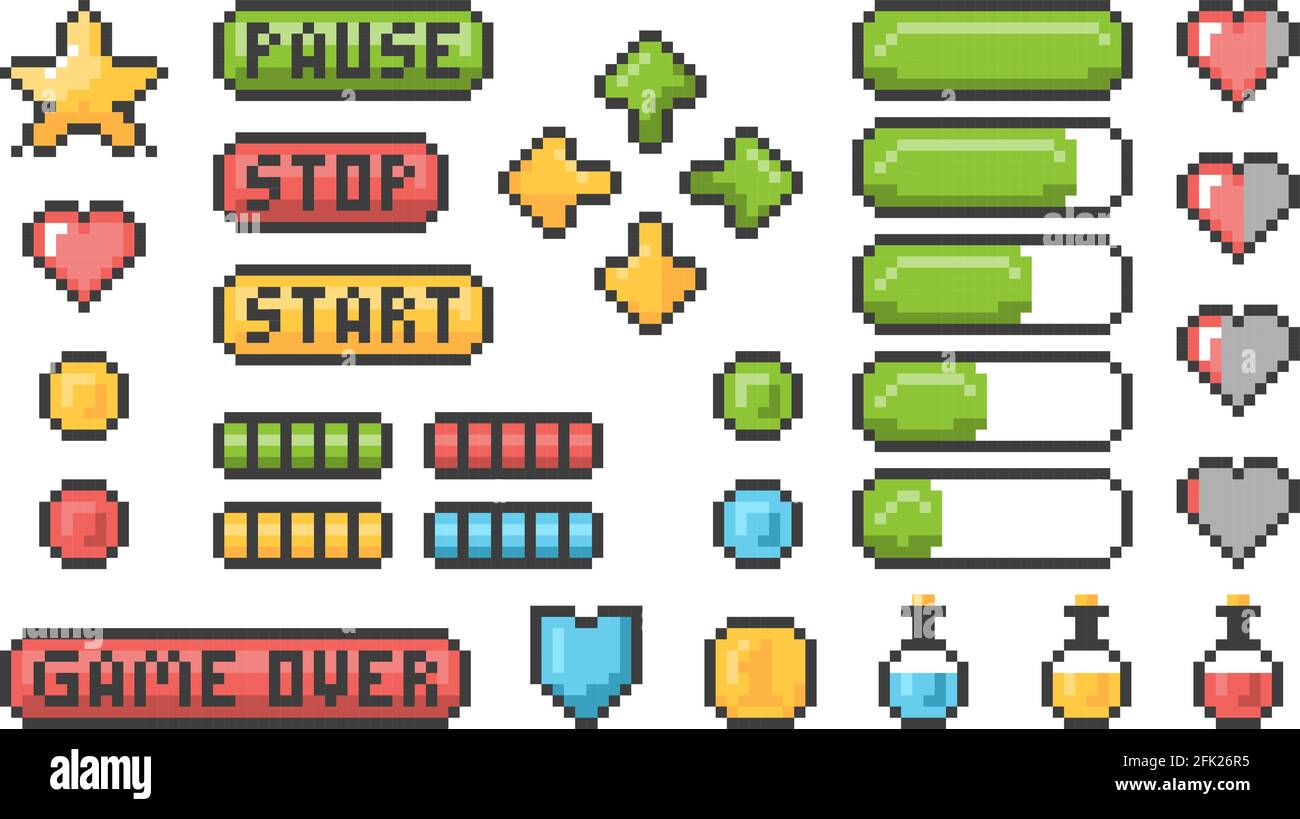 Pixel-Spiel-Symbol. UI-Webbalken und -Schaltflächen für 8-Bit-Konsolen-Vektor-Retro-Elemente Stock Vektor