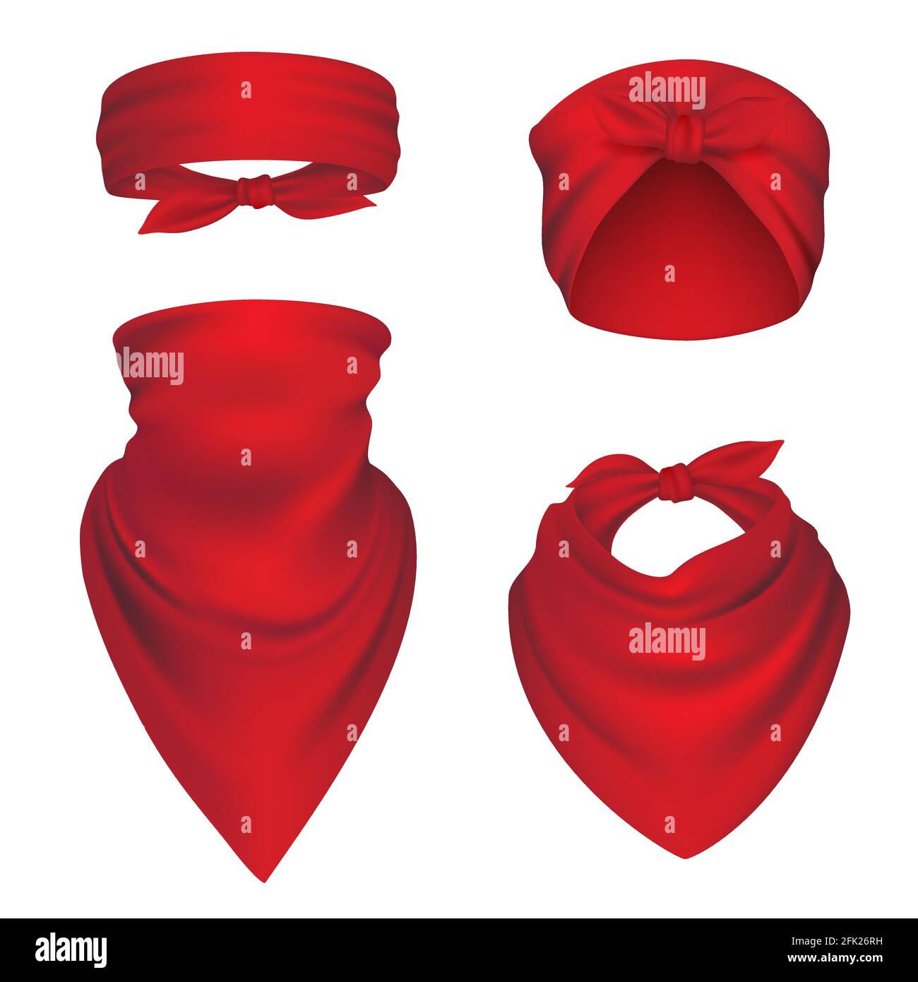 Bandanas realistisch. Stirnbänder für Biker Sport Schutz Gangster Schal für Kopf und Hals Vektor-Mockup Stock Vektor