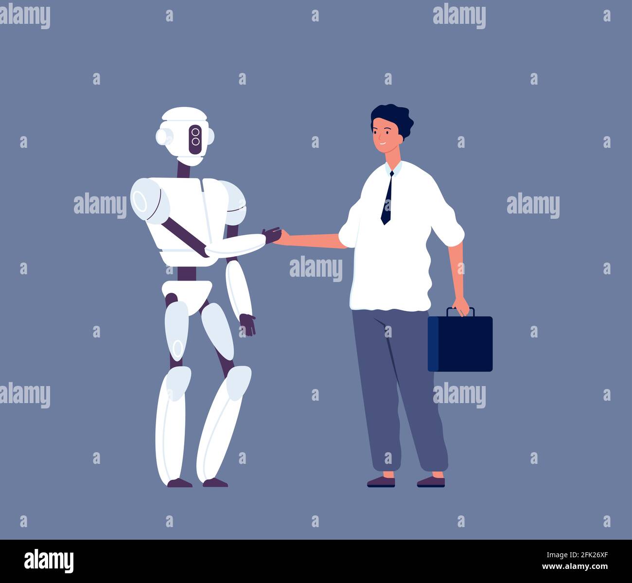Handshaking des Roboters. Geschäftsmann Treffen mit futuristischen android Charakter Mensch vs Cyborgs Konzept Vektor Illustration Stock Vektor